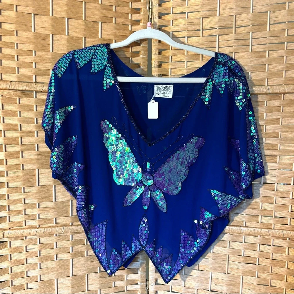 Free People Vintage Sequin Butterfly Blue Top in Blue 90s Festival Crop Small
